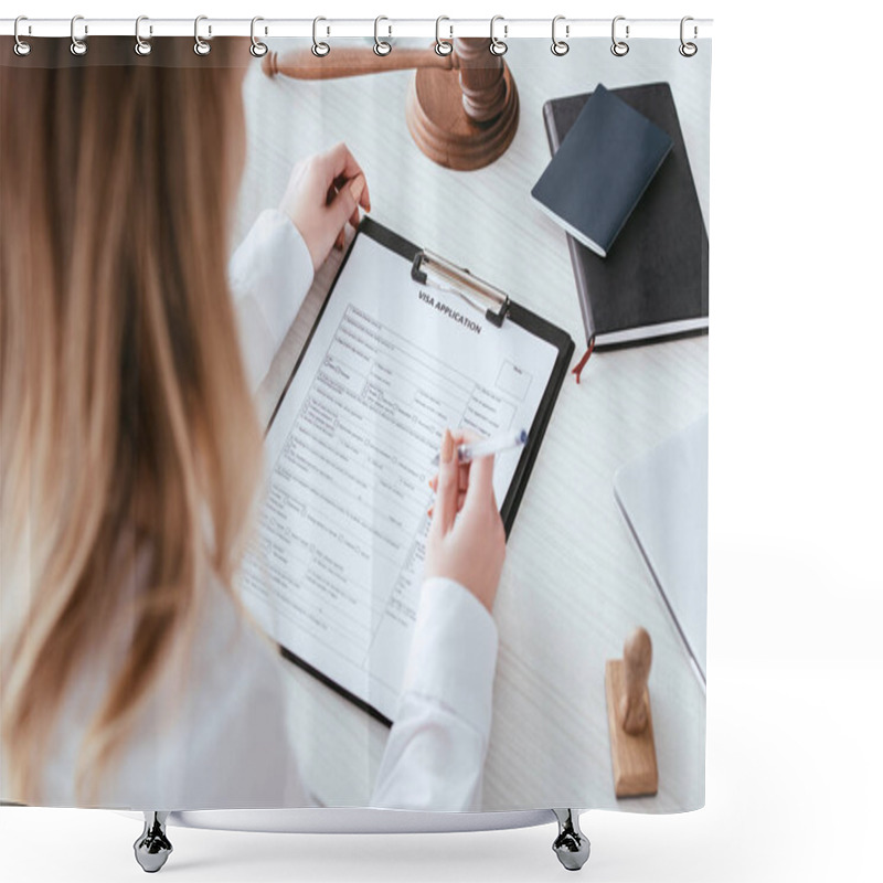 Personality  Selective Focus Of Woman Holding Pen Near Document With Visa Application Lettering  Shower Curtains