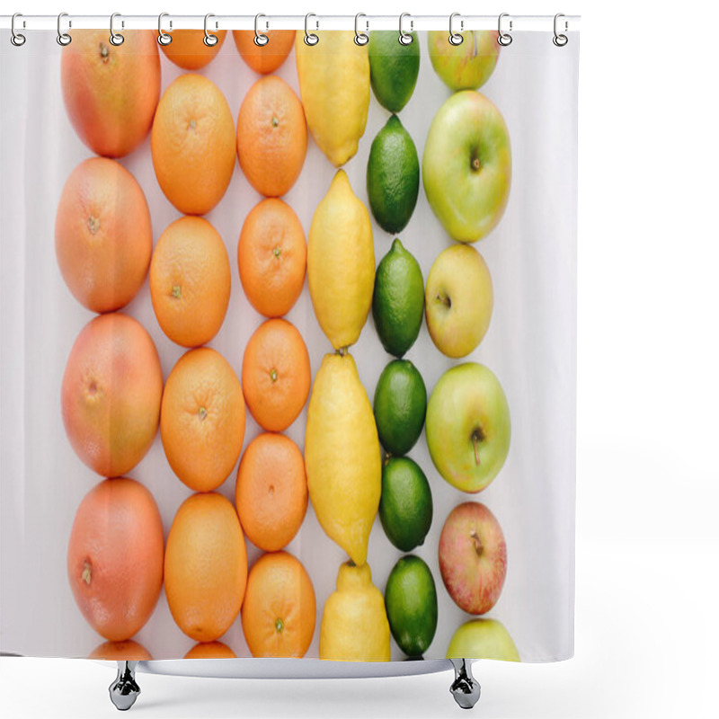 Personality  Top View Of Composition Of Various Ripe Fruits In Rows On White Tabletop Shower Curtains