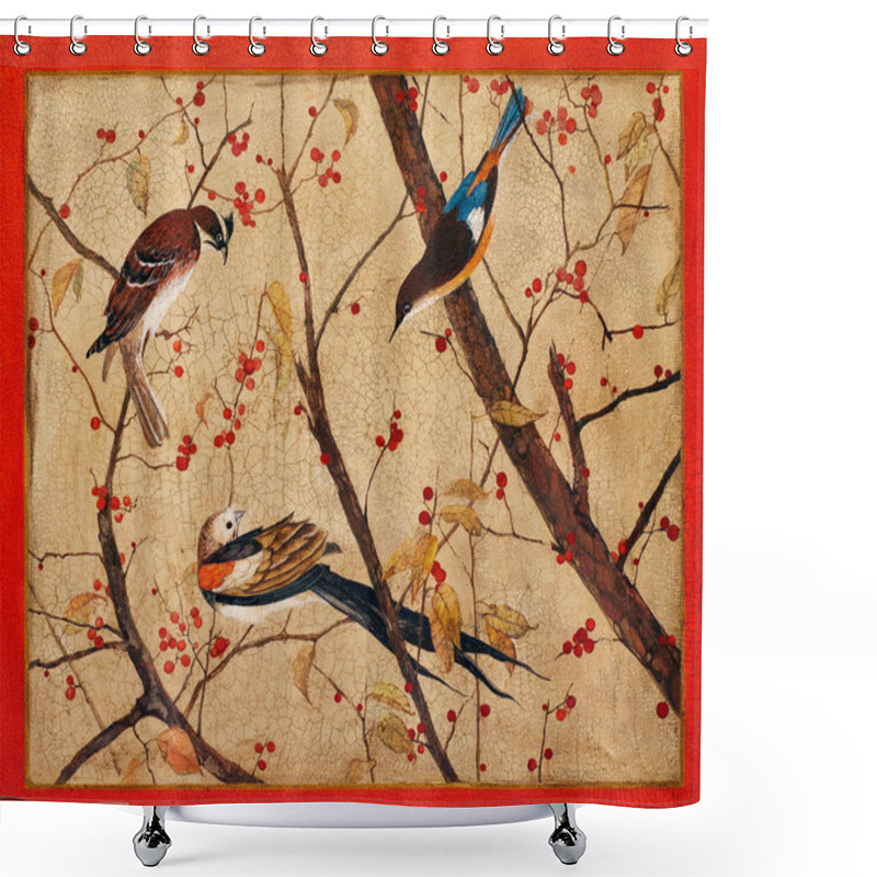 Personality  Birds Are Sitting On The Branches With Red Berries. Handmade Vin Shower Curtains