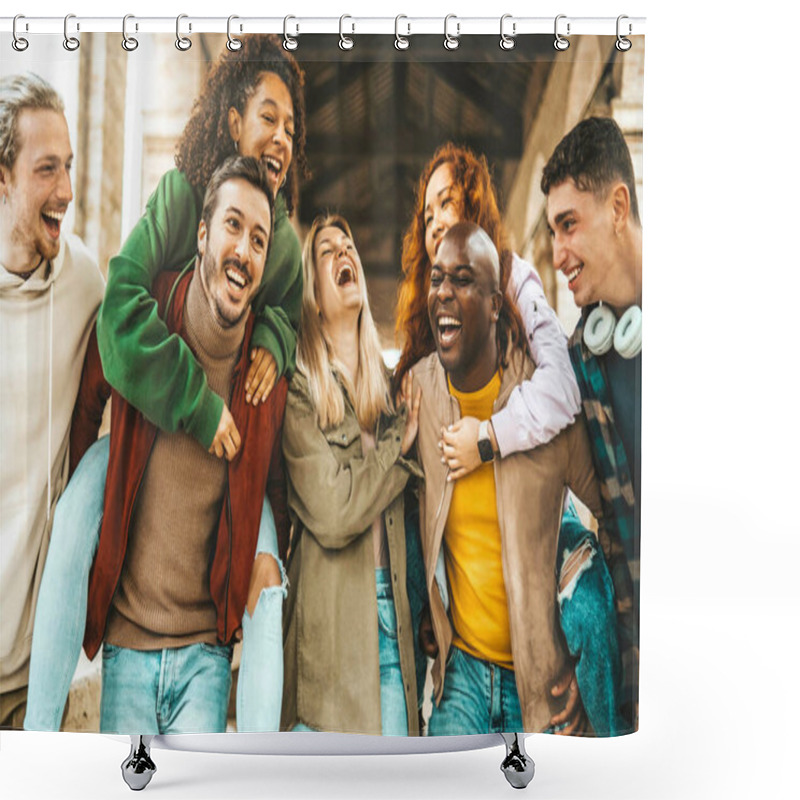 Personality  Group Of Young People Laughing Together Walking Outside. College Students Talking And Smiling In College Campus - Friendship Concept Shower Curtains