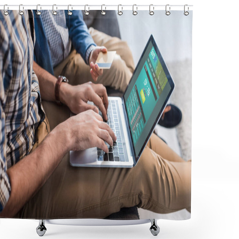 Personality  Cropped View Of Jewish Father Using Laptop With Sportsbet Website And Son Holding Credit Card Shower Curtains