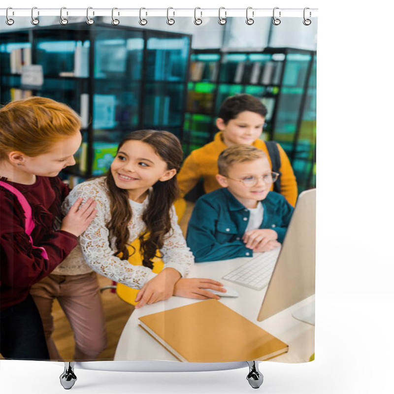 Personality  Beautiful Happy Schoolchildren Using Desktop Computer Together In Library Shower Curtains