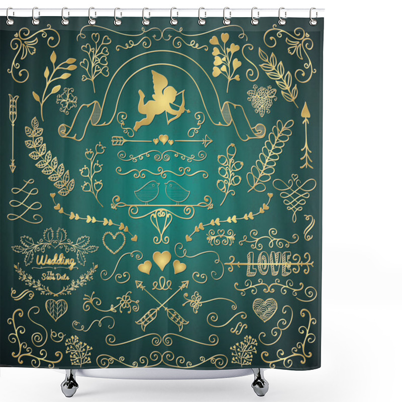 Personality  Golden Hand Sketched Rustic Floral Design Elements Shower Curtains