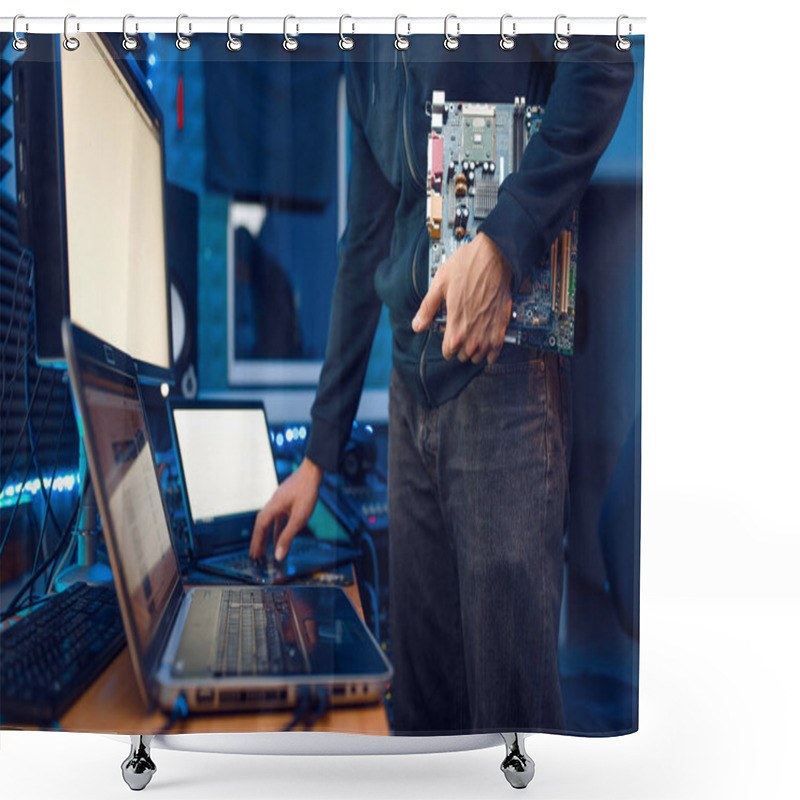 Personality  Computer Engineer Holds PC Motherboard, Network Equipment Maintenance. IT-manager At His Workplace, Professional Business Security Shower Curtains