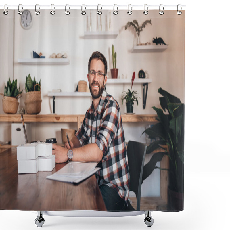 Personality  Entrepreneur Sitting At Table Using Laptop Shower Curtains