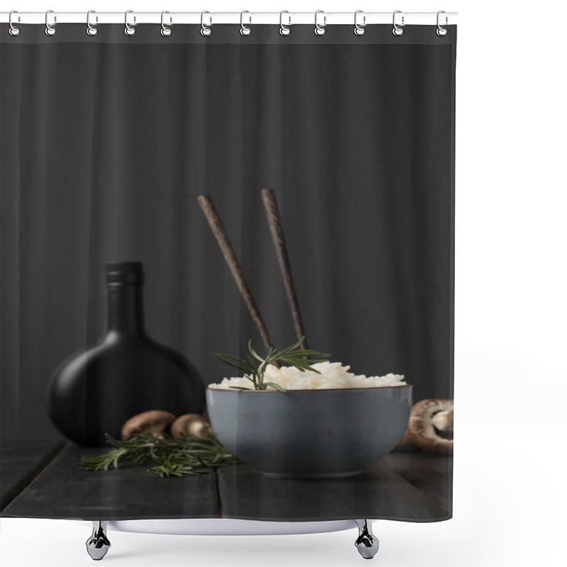 Personality  Bowl Of Tasty Rice With Mushrooms And Bottle Of Soy Sauceon Black Tabletop Shower Curtains