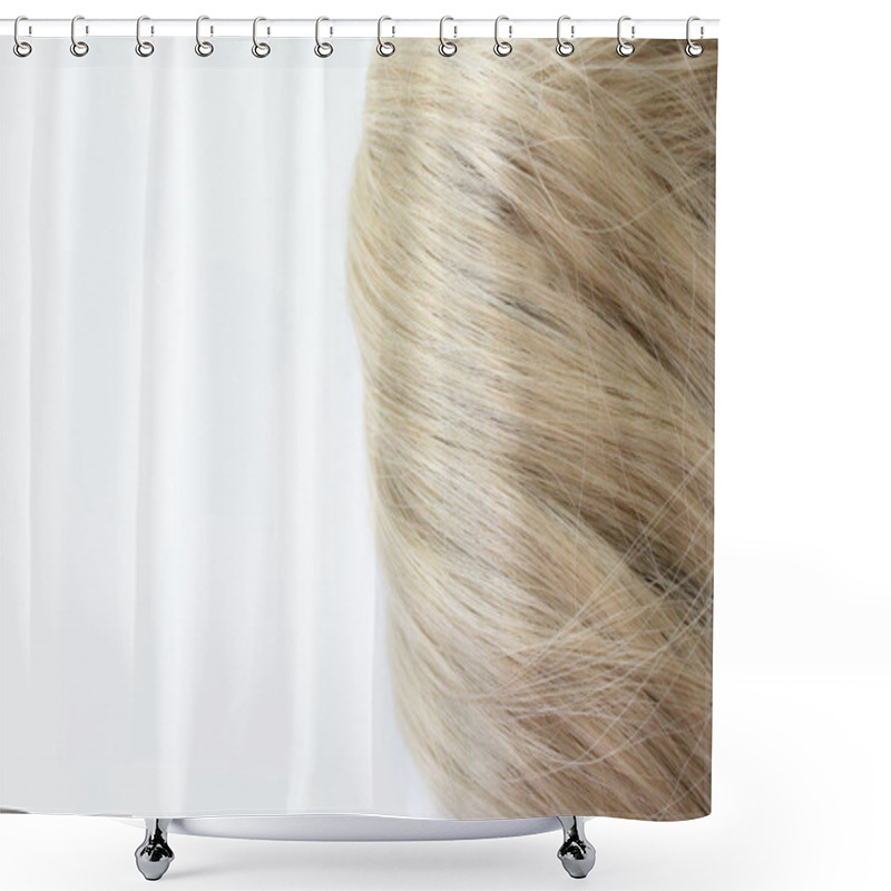 Personality  Beautiful Hair. Light Brown Hair. Hair Is Gathered In A Bun On A White Background. With Free Space For Text. For A Poster Or Business Card. Shower Curtains