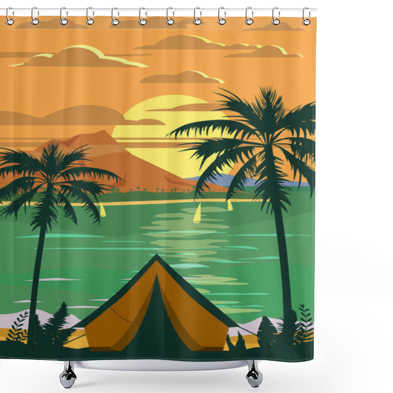 Personality  Tourist Tent Camping On The Tropical Beach, Palms. Summer Vacation Coastline Beach Sea, Ocean, Travel, Sunset, Retro, Vintage Shower Curtains