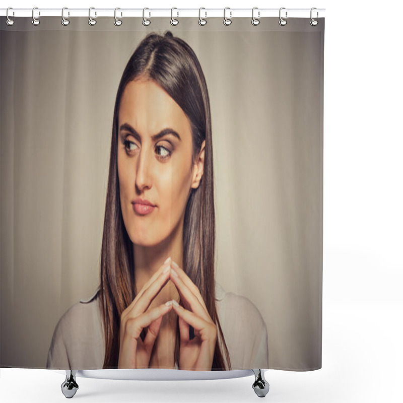 Personality  Sneaky, Sly, Scheming Young Woman Plotting Something  Shower Curtains