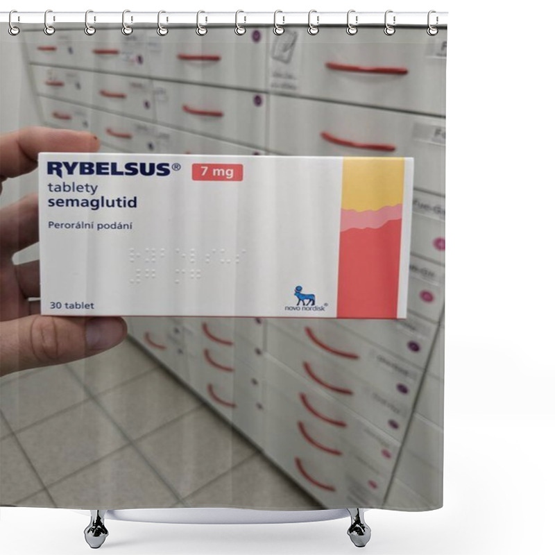 Personality  Prague, Czech Republic - July 10 2024: RYBELSUS Box Of Medication With SEMAGLUTIDE Active Substance By NOVO NORDISK, Used For Treatment Of Type 2 Diabetes And Blood Sugar Control. Shower Curtains