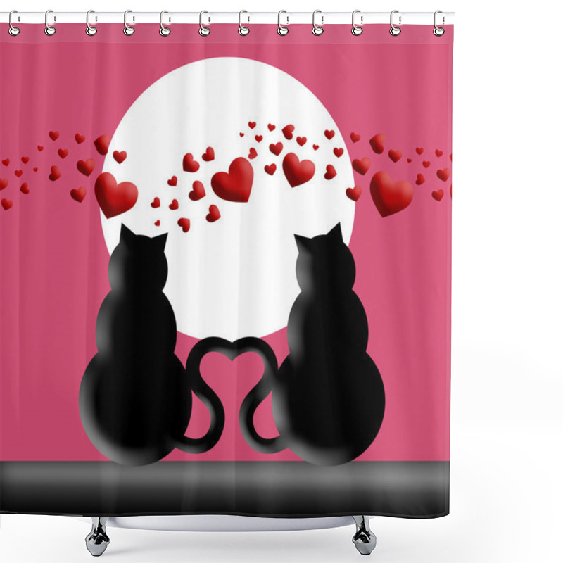 Personality  Happy Valentines Day Cats In Love With Moon And Hearts Silhouette Illustration Shower Curtains