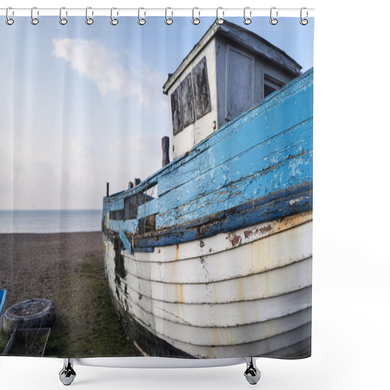 Personality  Abandoned Fishing Boat Ruin On Beach During Lovely Summer Mornin Shower Curtains