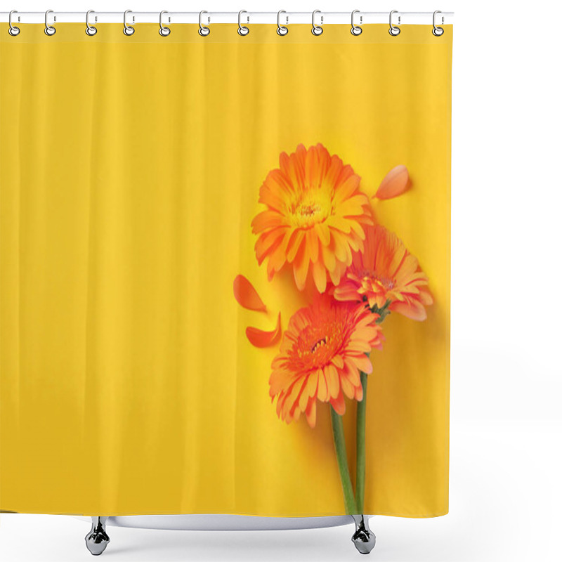 Personality  Beautiful Orange Gerbera Flowers And Petals On Yellow Background, Flat Lay. Space For Text Shower Curtains