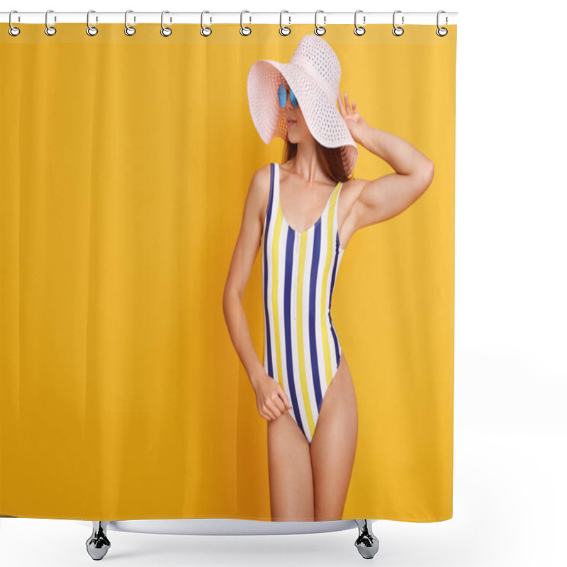 Personality  Picture Of Adorable Young Woman Looking Aside Isolated Over Yellow Background, Wearing Stylish Swimming Suit And Hat, Keeps One Hand On Hip And Another On Head. Copy Space For Your Advertisment. Shower Curtains