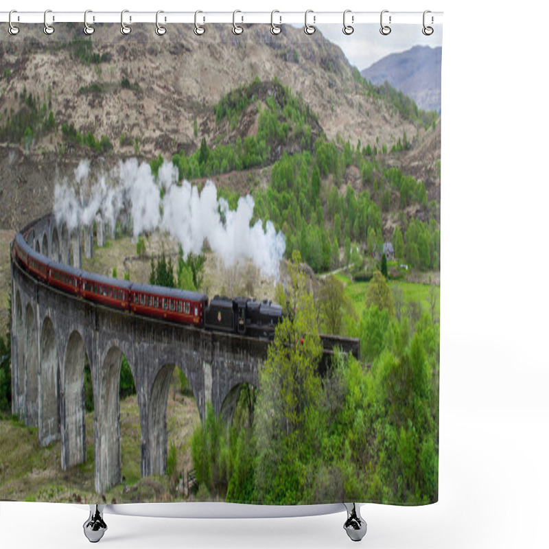 Personality  Glenfinnan Viaduct, Scotland. Travel/tourist Destination In Europe. Old Historical Steam Train Riding On Film Scene Famous Viaduct Bridge. Highlands, Mountains, Outdoor Background. Shower Curtains