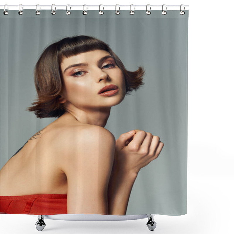 Personality  A Confident Woman Showcases Her Style With A Bold Red Dress And Short Hair. Shower Curtains