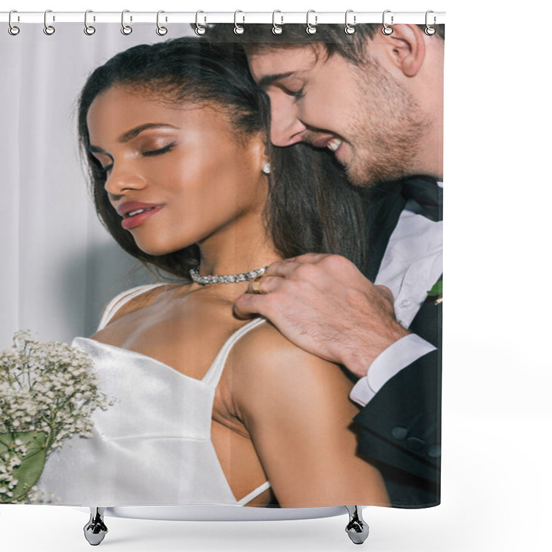 Personality  Happy Bridegroom Touching Shoulder Of Beautiful African American Bride Holding Wedding Bouquet With Closed Eyes On White Background Shower Curtains