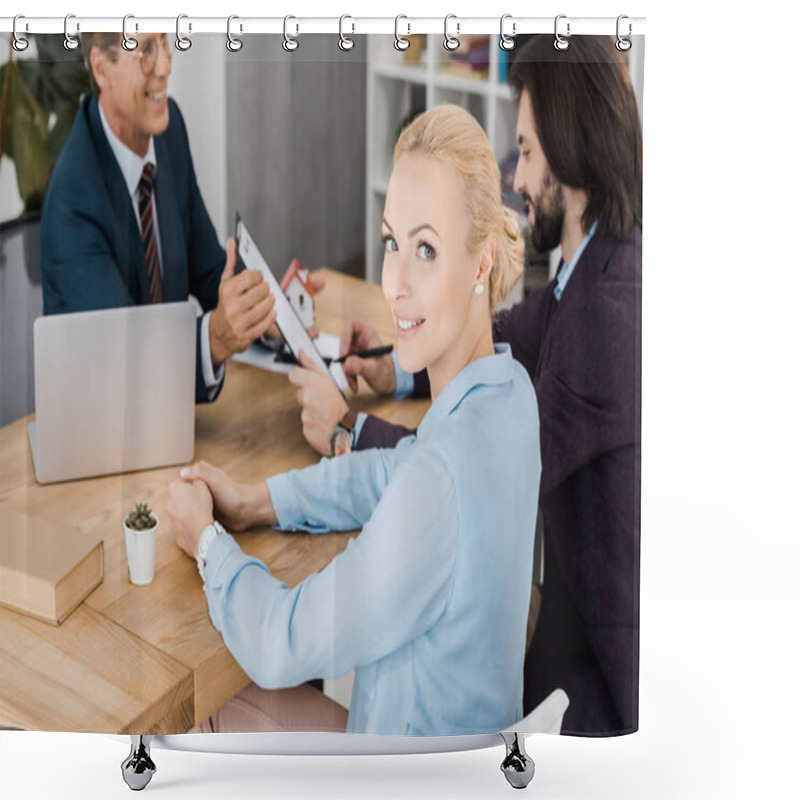 Personality  Young Smiling Woman Looking At Camera While Man Signing Contract With Insurance Agent Shower Curtains