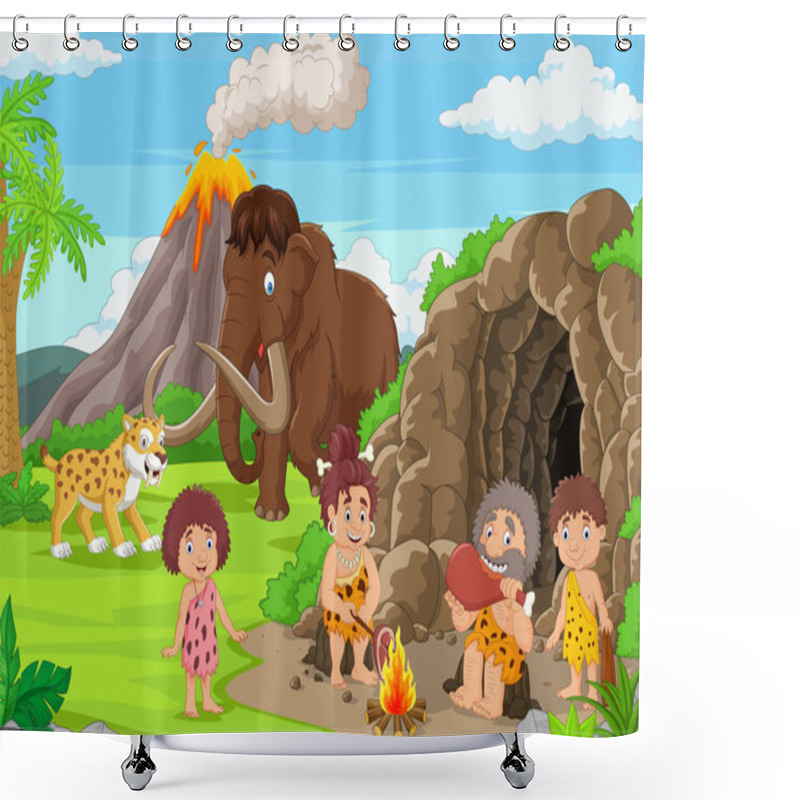 Personality  Vector Illustration Of Cartoon Ancient Cavemen In Stone Age With Mammoth And Sabertooth Shower Curtains