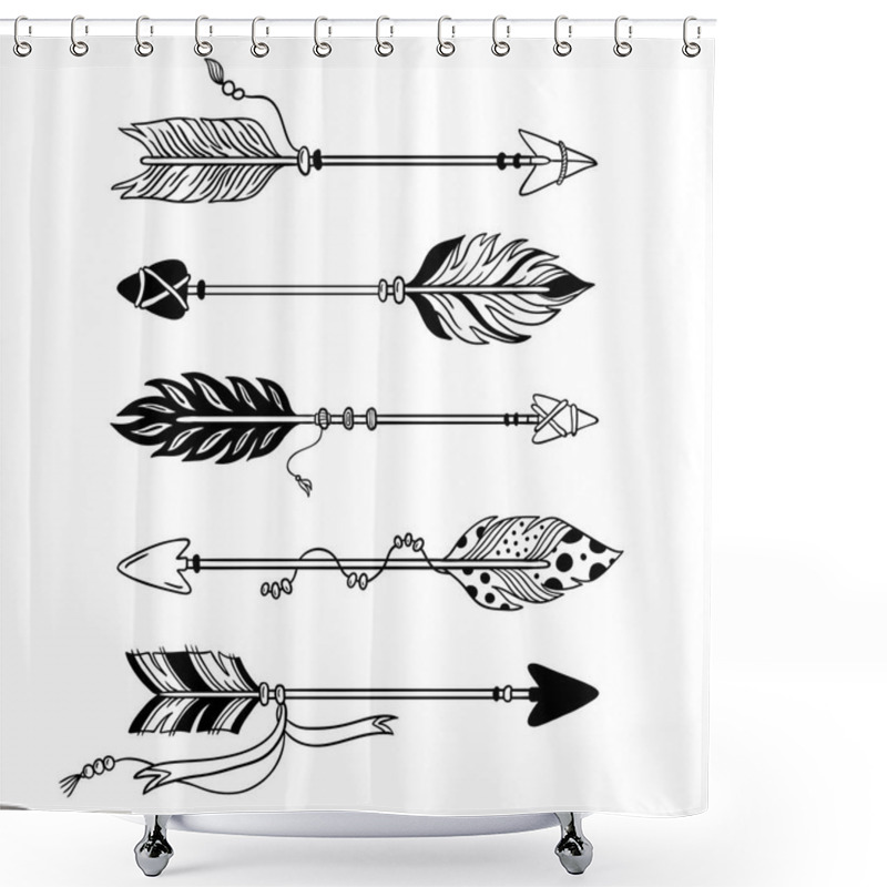 Personality  Ethnic Arrows. Hand Drawn Feather Arrow, Tribal Feathers On Pointer And Decorative Boho Bow Isolated Vector Set Shower Curtains