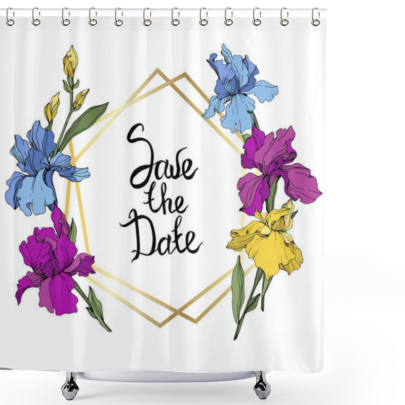 Personality  Vector Purple, Blue And Yellow Irises. Wildflowers Isolated On White. Floral Frame Border With 'save The Date' Lettering Shower Curtains