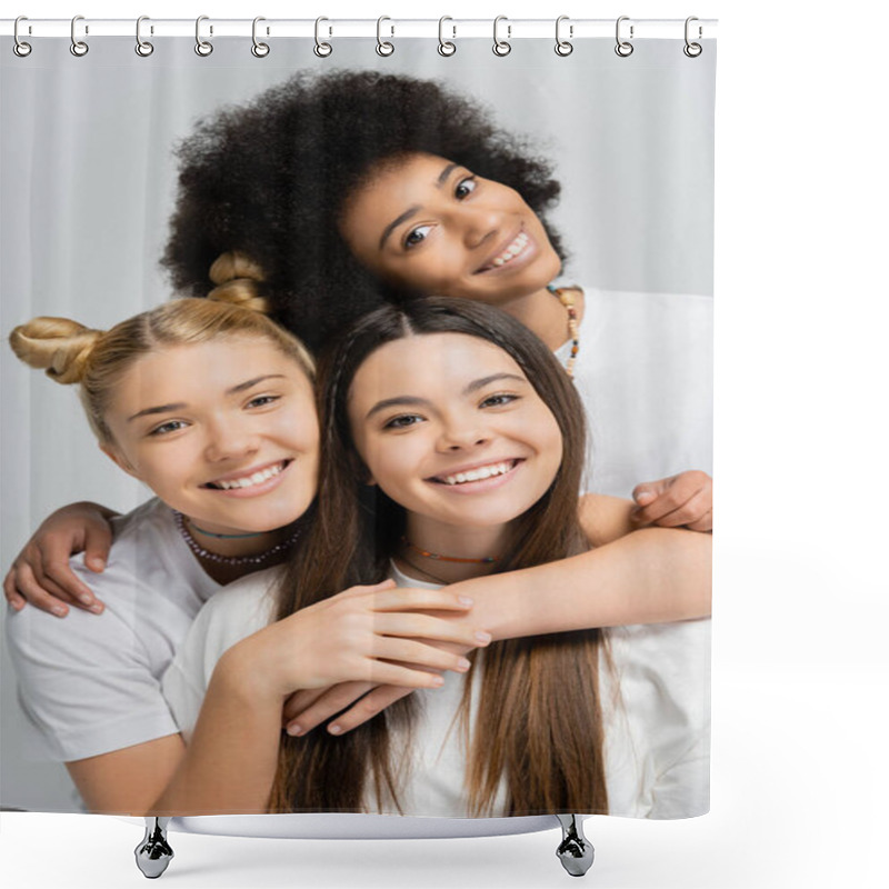 Personality  Portrait Of Smiling Multiethnic Teen Friends Hugging Brunette Girlfriend In White T-shirt And Looking At Camera Together Isolated On Grey, Energetic Teenage Friends Spending Time Shower Curtains