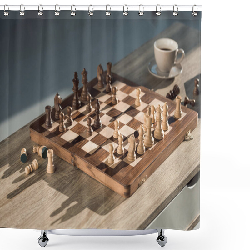 Personality  Close-up View Of Chess Board With Pieces And Cup Of Coffee On Wooden Table Shower Curtains