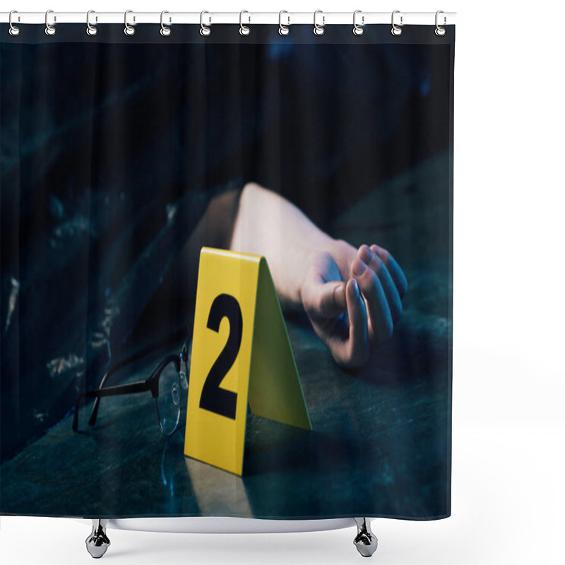 Personality  Cropped View Of Covered Dead Body On Floor Near Glasses And Evidence Marker Shower Curtains