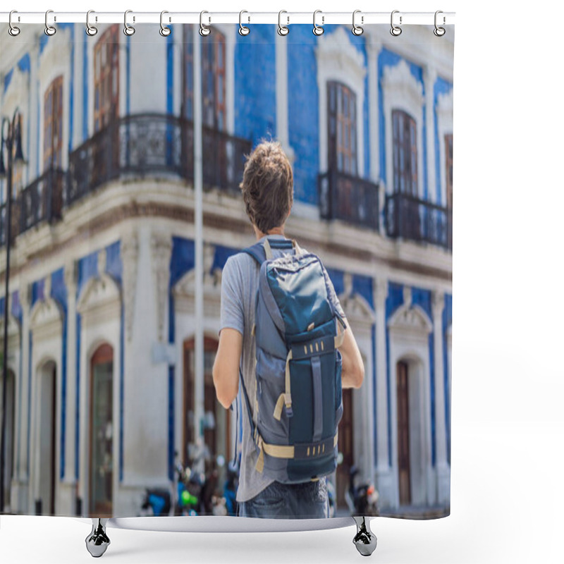 Personality  Male Tourist In Front Of Casa De Los Azulejos In Villahermosa, Mexico. Quintana Roo Travel, Cultural Exploration, And Historic Architecture Concept. Shower Curtains