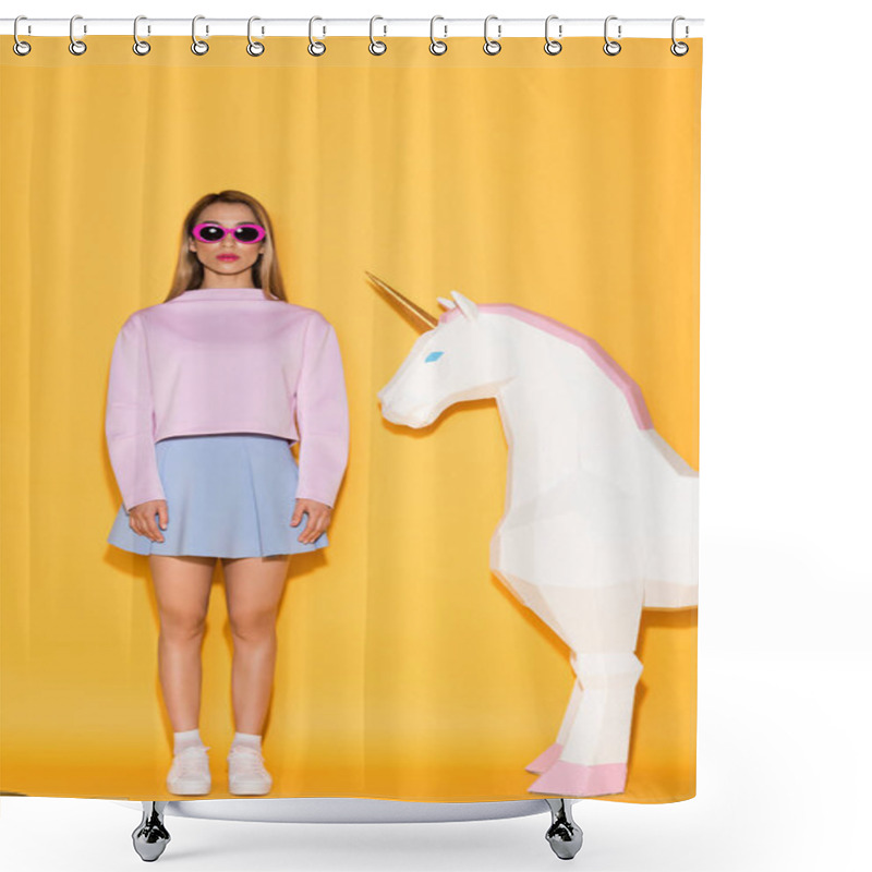 Personality  Young Stylish Female Model In Sunglasses And Decorative Unicorn On Yellow Background  Shower Curtains