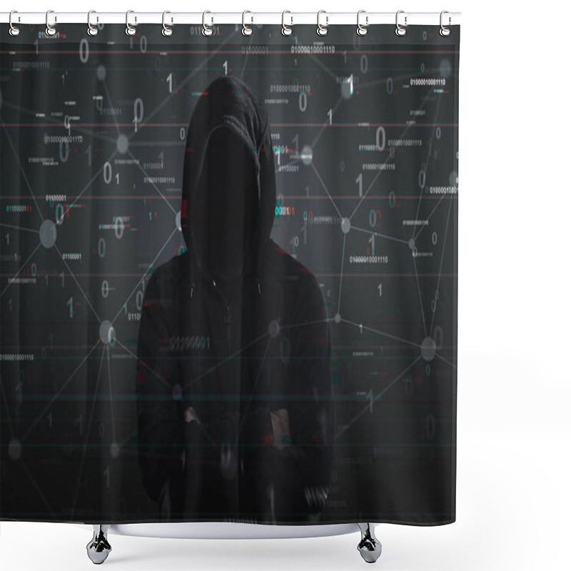 Personality  Hacker In A Black Hoodie, Binary Code Shower Curtains