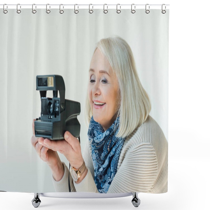 Personality  Senior Woman With Retro Camera Shower Curtains