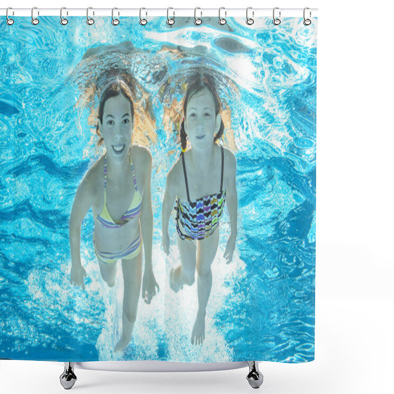 Personality  Children Swim In Pool Underwater, Happy Active Girls Have Fun In Water, Kids Sport On Family Vacation Shower Curtains