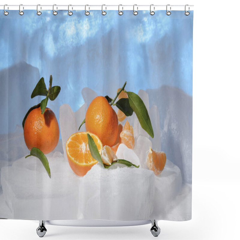 Personality  Fresh Orange Mandarin Fruit With Green Leaves Are Frozen On Cold Blue Ice Shower Curtains