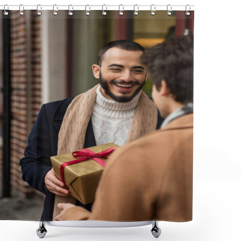 Personality  Cheerful Bearded Gay Man Holding Christmas Present Near Blurred Boyfriend On Street Shower Curtains