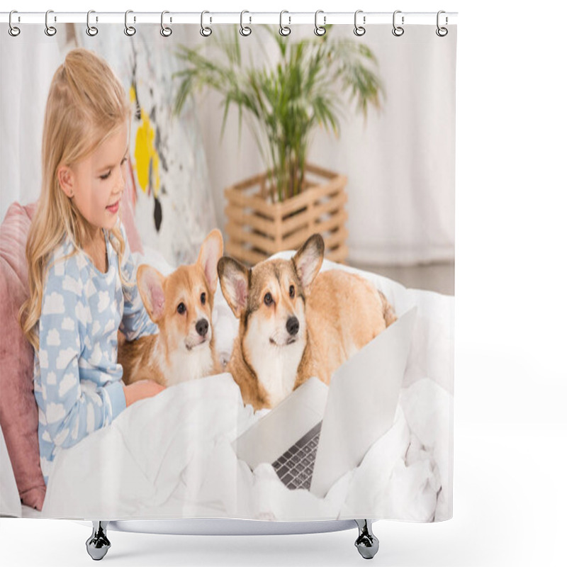 Personality  Adorable Child Lying In Bed With Corgi Dogs And Using Laptop At Home Shower Curtains