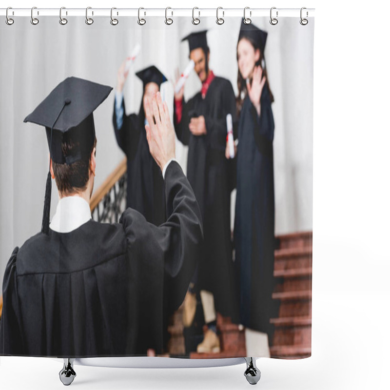 Personality  Selective Focus Of Student In Graduation Cap Waving Hand  Shower Curtains