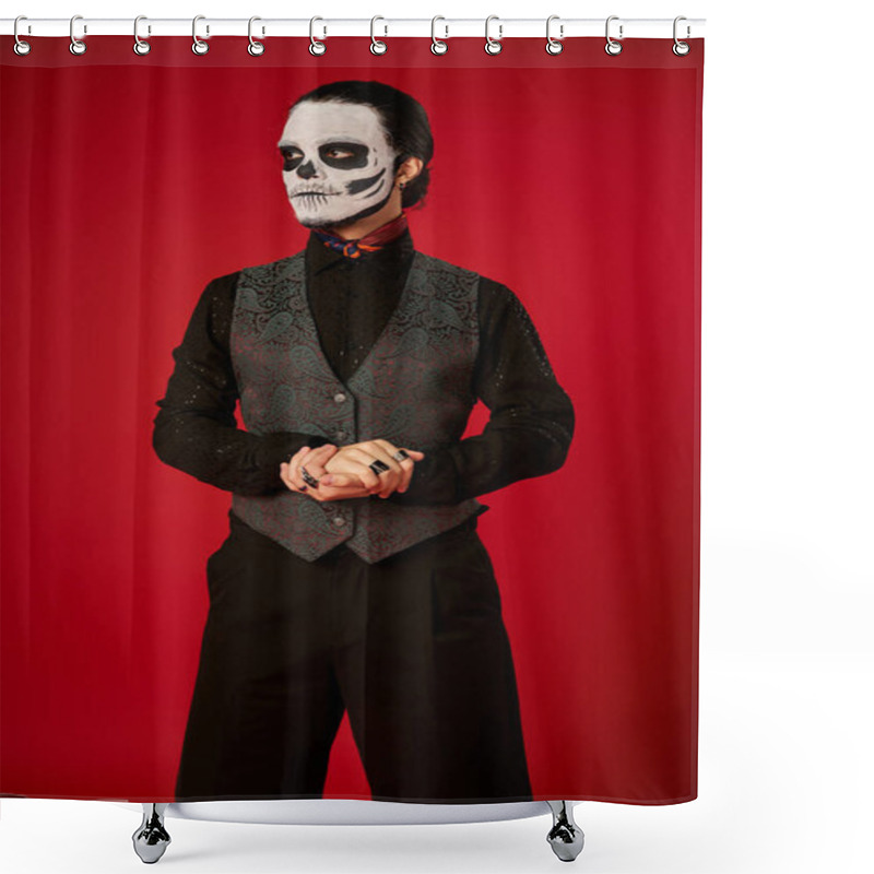 Personality  Man In Festive Attire And Sugar Skull Makeup Looking Away On Red, Dia De Los Muertos Celebration Shower Curtains