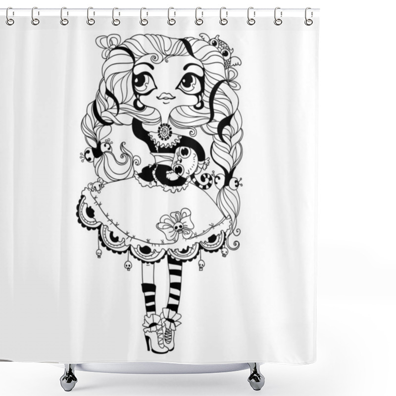 Personality  Lineart Gothic Girl In A Beautiful Dress With A Cat In Hands Shower Curtains