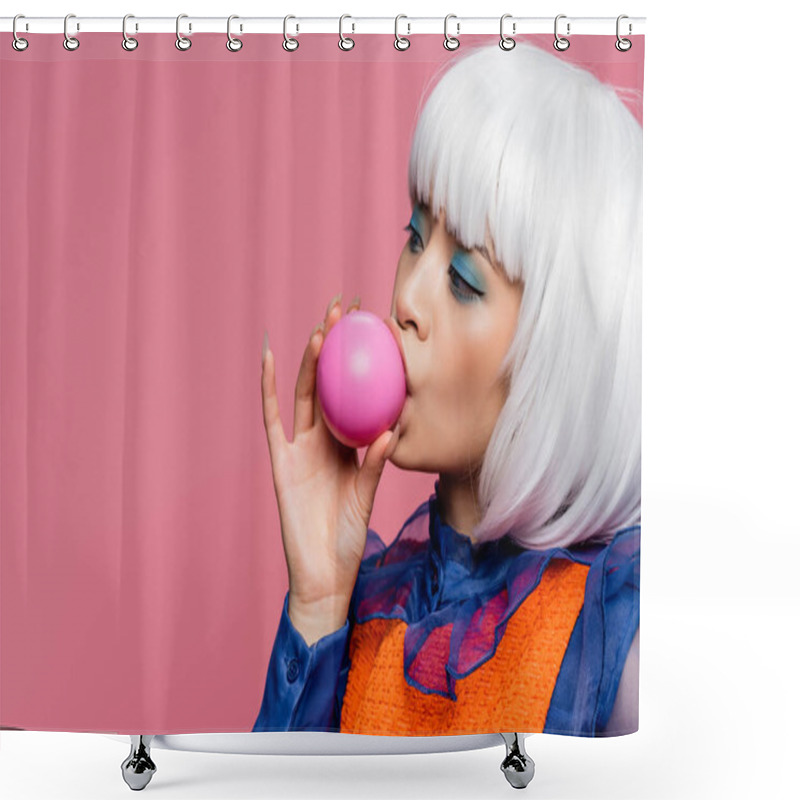 Personality  Pretty Asian Pop Art Woman Blowing Bubble Gum Isolated On Pink  Shower Curtains