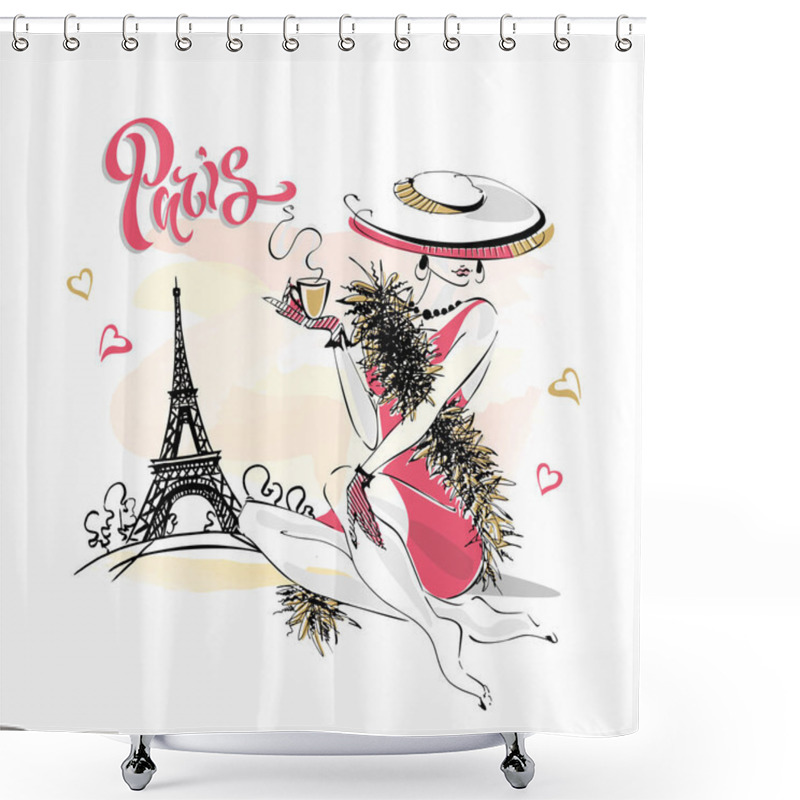 Personality  The Girl In The Hat Drinks Coffee.  Fashion Model In Paris. Eiffel Tower. Romantic Composition. Elegant Model On Vacation. Vector. Shower Curtains