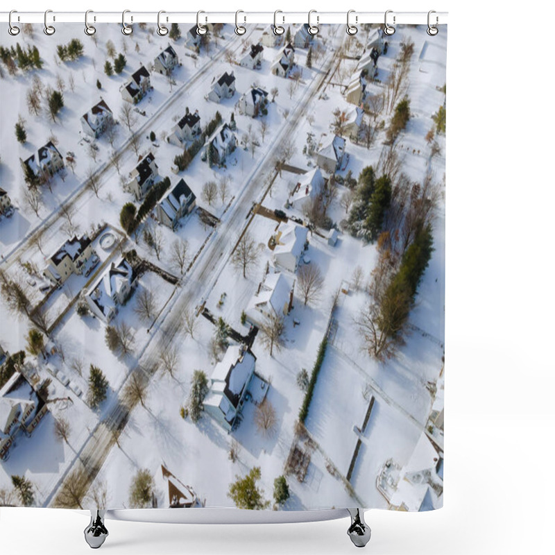 Personality  American Town Small Home Complex Of A Snowy Winter On The Residential Streets After Snowfall In Winter Landscape Shower Curtains