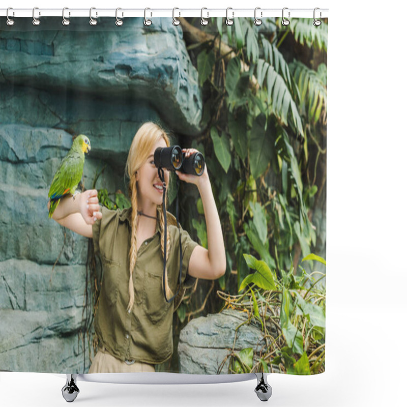 Personality  Happy Young Woman In Safari Suit With Parrot Perching On Arm Looking Through Binoculars In Jungle Shower Curtains