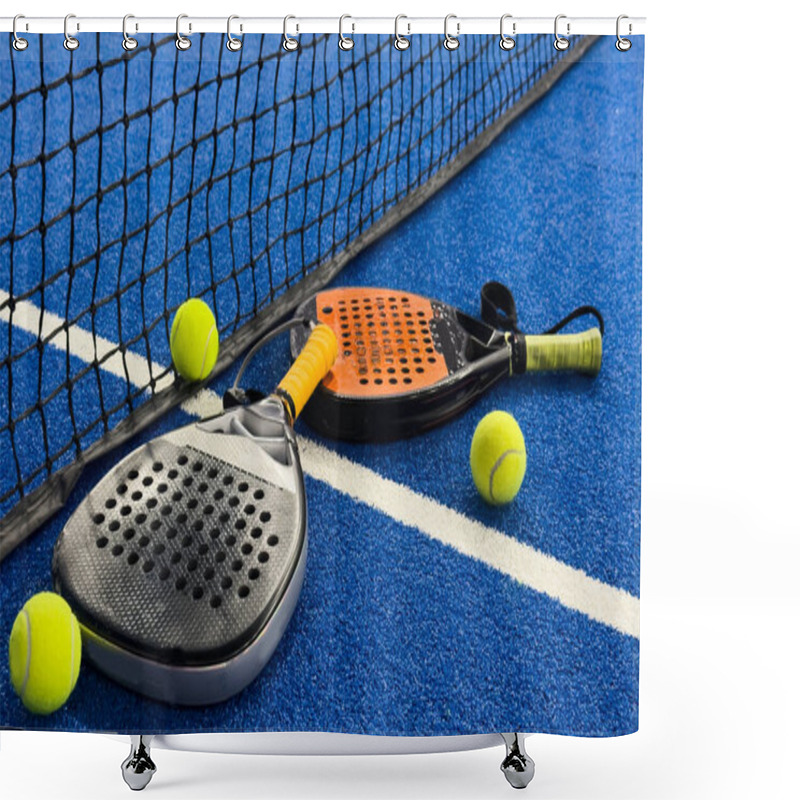 Personality  Padel Racket On A Padel Blue Court With A Ball. High Quality Photo Shower Curtains