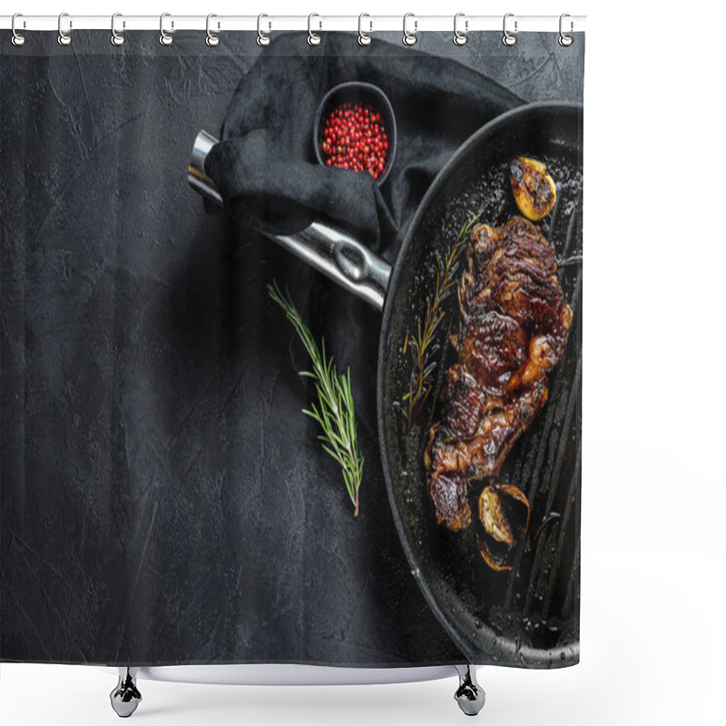 Personality  Rib Eye Steak On A Grill Pan. Roast Beef. Black Background. Space For Text Shower Curtains