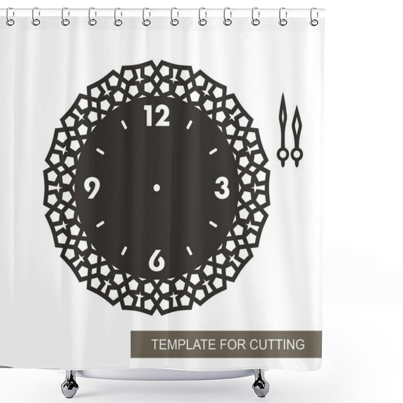 Personality  Openwork Dial With Arrows And Arabic Numerals. Silhouette Of Clock On White Background. Decor For Home. Template For Laser Cutting, Wood Carving, Paper Cut And Printing. Vector Illustration. Shower Curtains