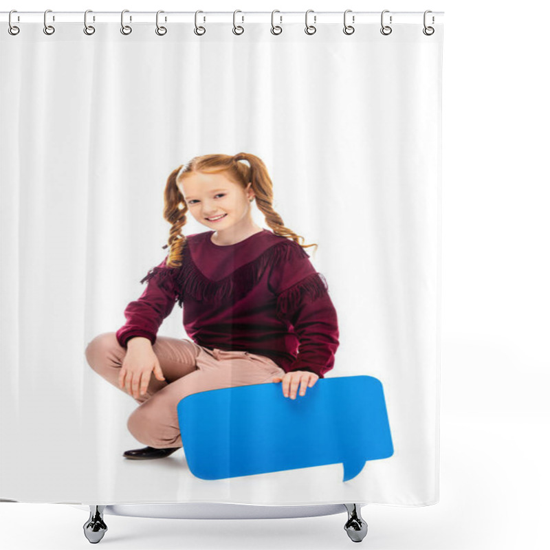 Personality  Smiling Schoolgirl Sitting On Hunkers, Holding Speech Bubble And Looking At Camera Isolated On White Shower Curtains