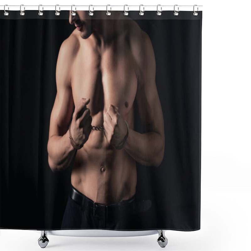 Personality  Cropped View Of Shirtless Man In Handcuffs Isolated On Black Shower Curtains