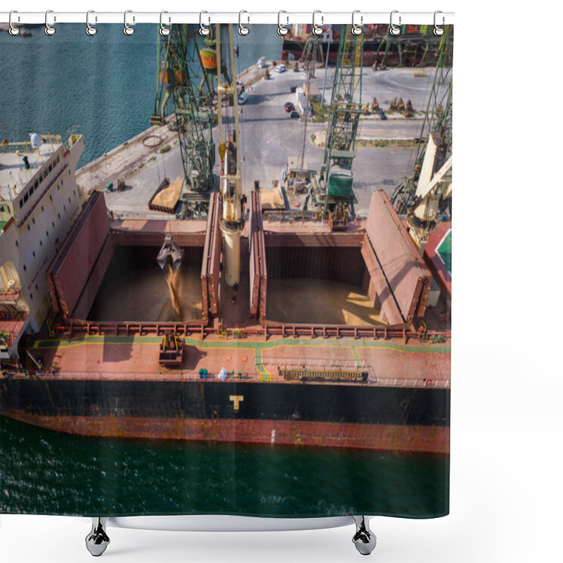 Personality  Aerial Top Close-up View Of A Bustling Seaport, Where A Massive Cargo Ship, A Bulk Carrier, Is Being Loaded With Wheat Grains Shower Curtains