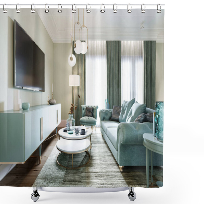 Personality  Luxurious Fashionable Living Room With A Soft Sofa, An Armchair, A TV Unit And A Console With Decor And A Beautiful Floor Lamp. Interior In Mint Colors. 3D Rendering. Shower Curtains